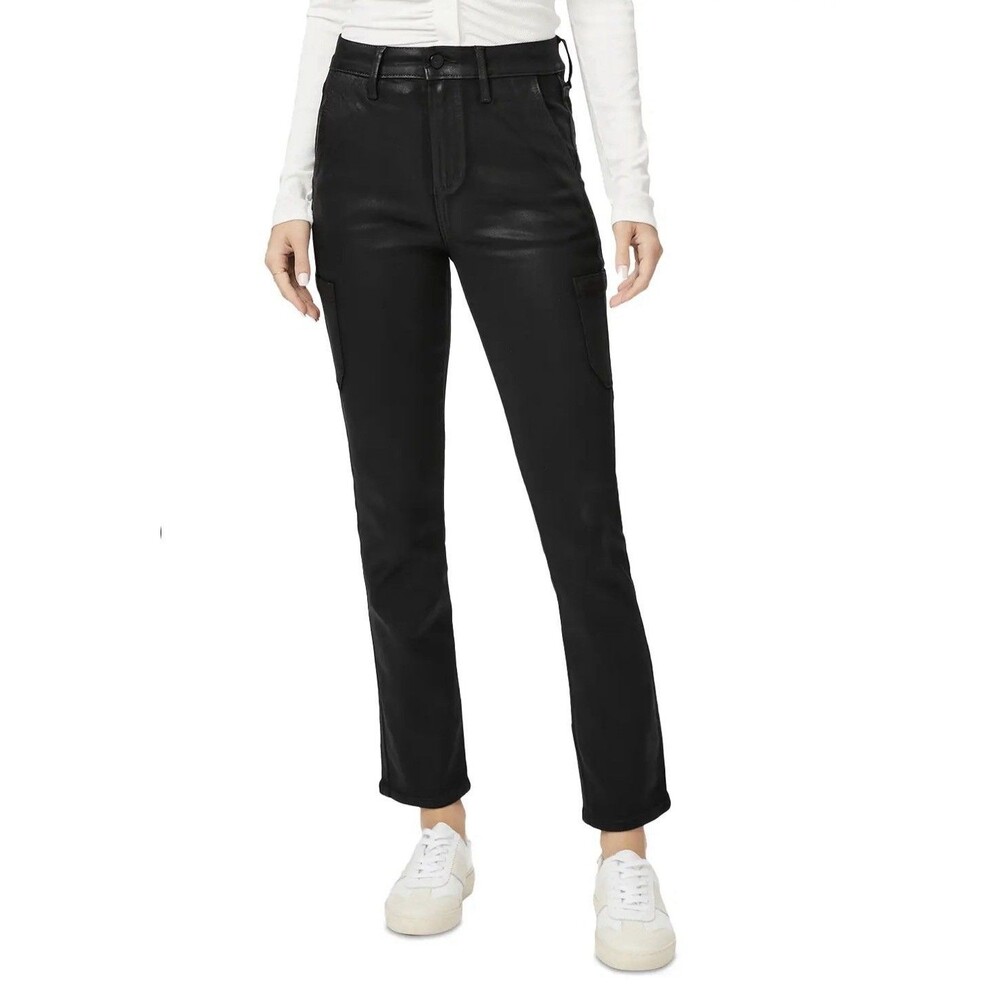 PAIGE Women Jolie Black Fog Luxe Coated Slim Straight Cargo Pants Size 26
